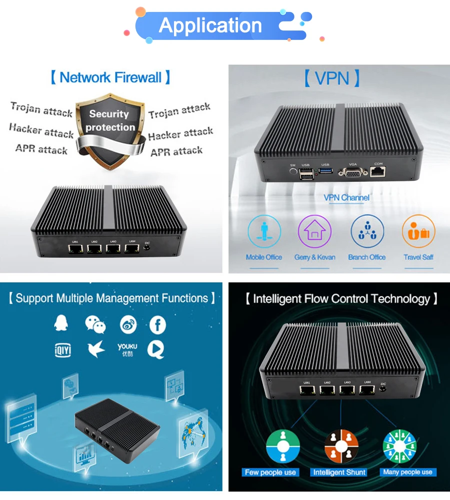  Мини-ПК 4 * LAN Aes-Ni четырехъядерный процессор Celeron J1900 с автоматическим включением Pfsense