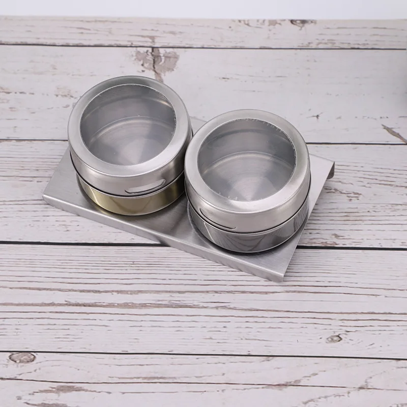 2pcs Kitchen Tool Metal Round Stainless Steel Magnetic Refrigerator Spice Seasoning Container Jar Tins Set Rack With Magnet Jars