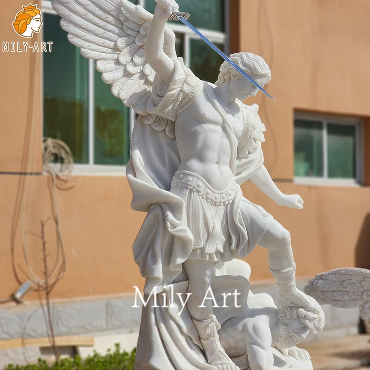 Hot Sale Outdoor Religious Saint Michael Statue White Marble Male Angel Sculpture