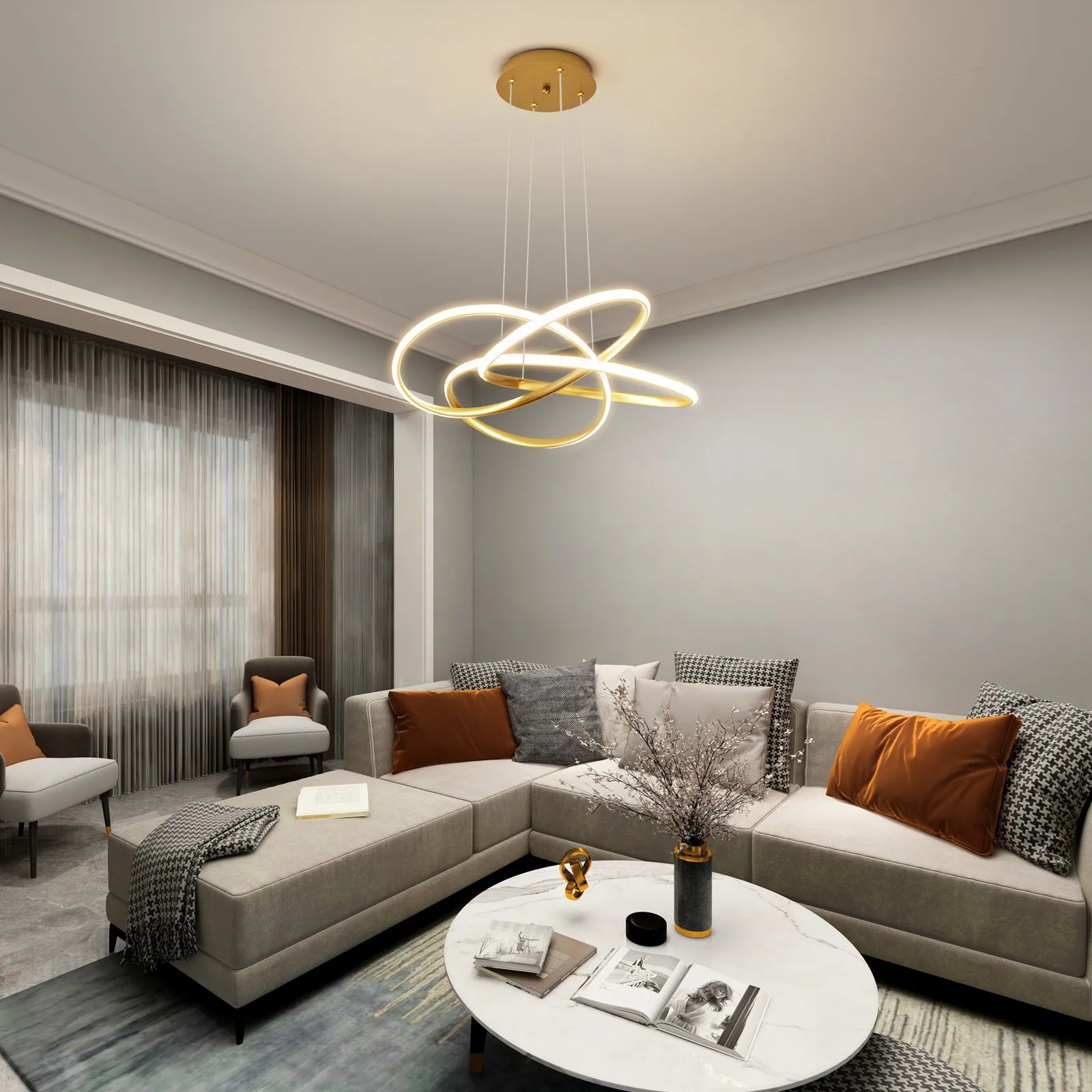 New Custom Bedroom Hotel Project Round Iron Aluminum Acrylic Lighting Modern Chandelier Led Circle Ring Pendant Light Lamp