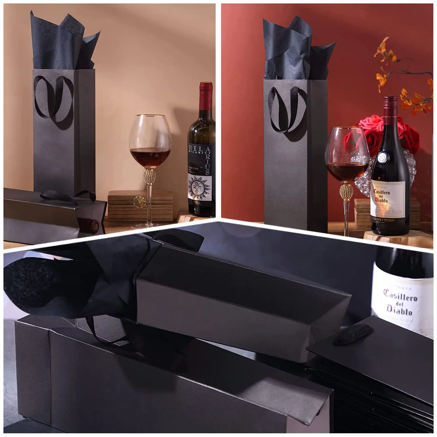 High Quality Custom Print Logo Eco Friendly Reusable Black Paper Gift Bags Wine Bottle Packaging With Handles