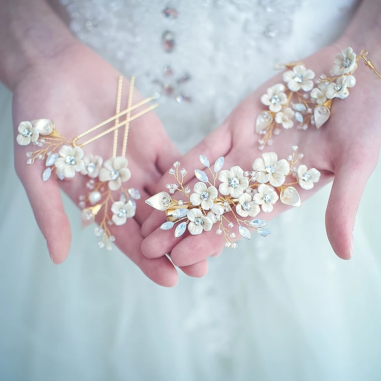 Оптовая продажа Модные Ювелирные наборы свадебные заколки для волос с цветами и кристаллами украшения