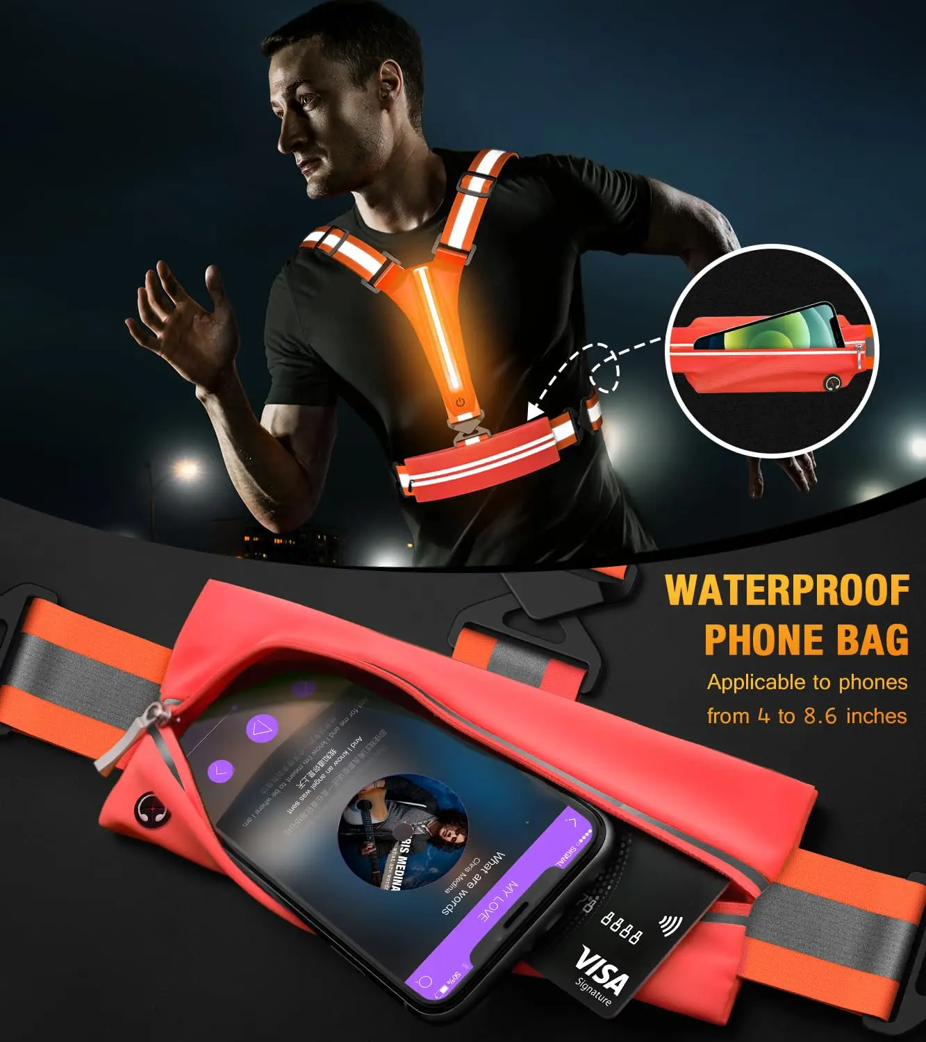 UMIONE LED Reflective Vest Running Gear USB Rechargeable Light Up Running Vest Chest Phone Holder for Runners Night Walking