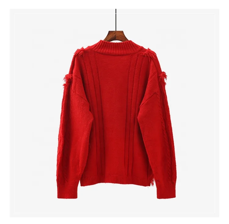 B23698A Women V-neck fringed knit sweater spring and autrumn wear sweater