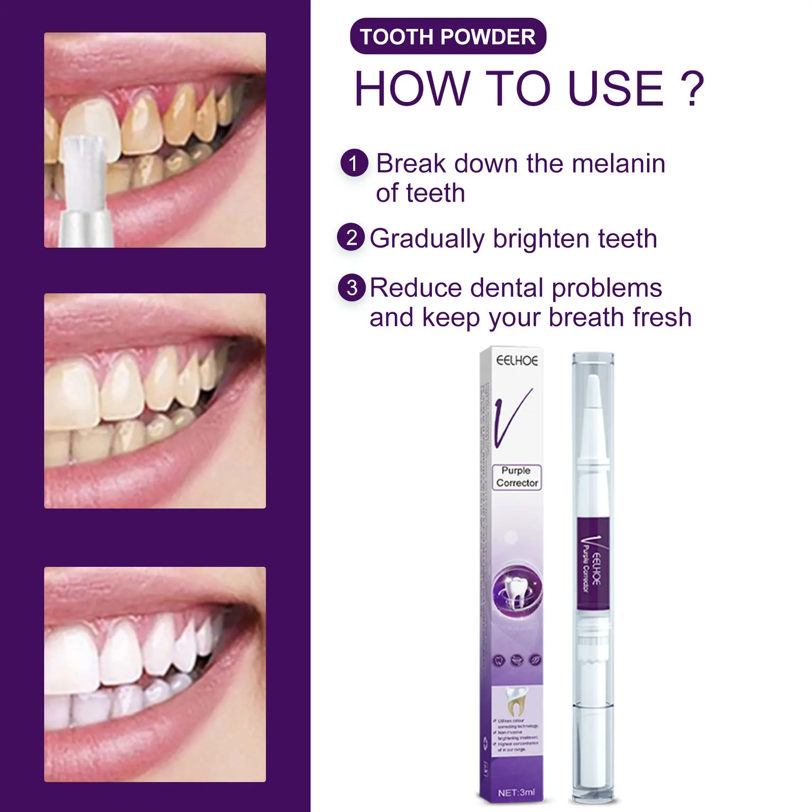 2023 V34 Purple Dental Bleaching Tooth Pen White Teeth Teeth Whitening Pencil Pen