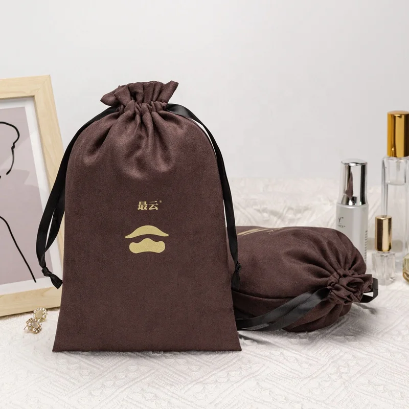 Recyclable Custom Logo Printed High Quality  Brown Suede  Brush Packaging Bag Drawstring Bag For Toys Storage Cosmetic Bag