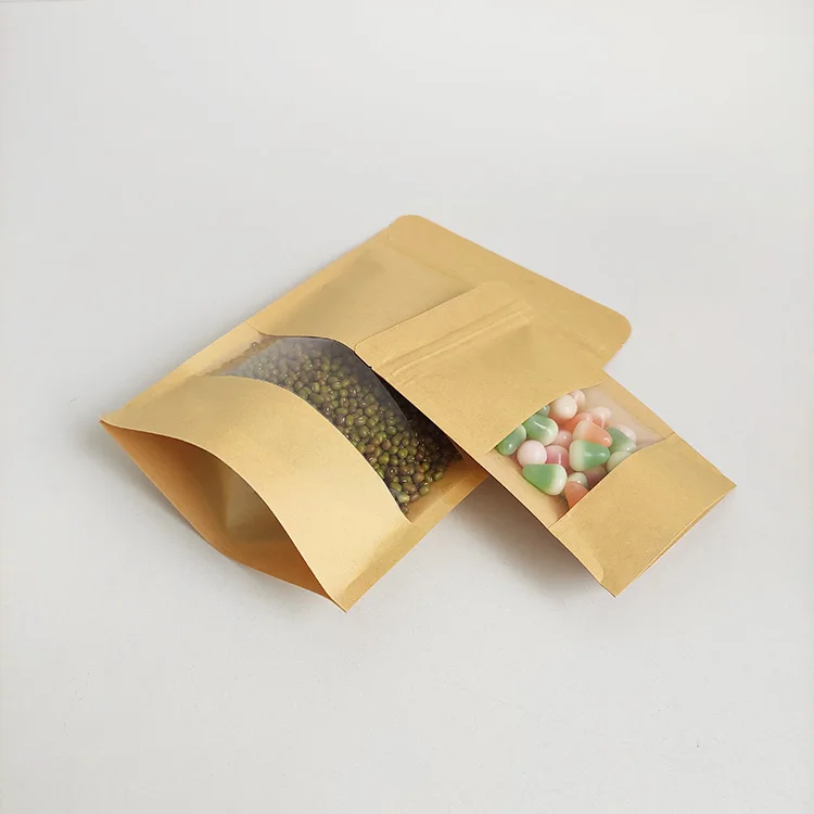 Brown Stand Up Kraft Paper Zip Lock Bag With Clear Window For Food Packaging