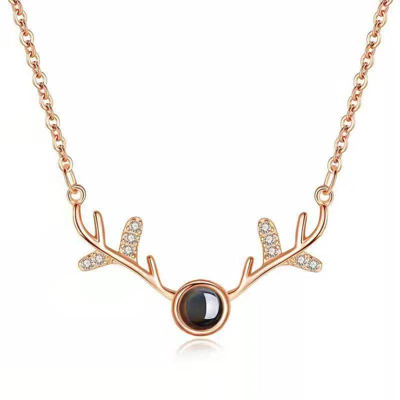 
Creative elk antler pendant 100 languages projection stone I love you necklace love gift 