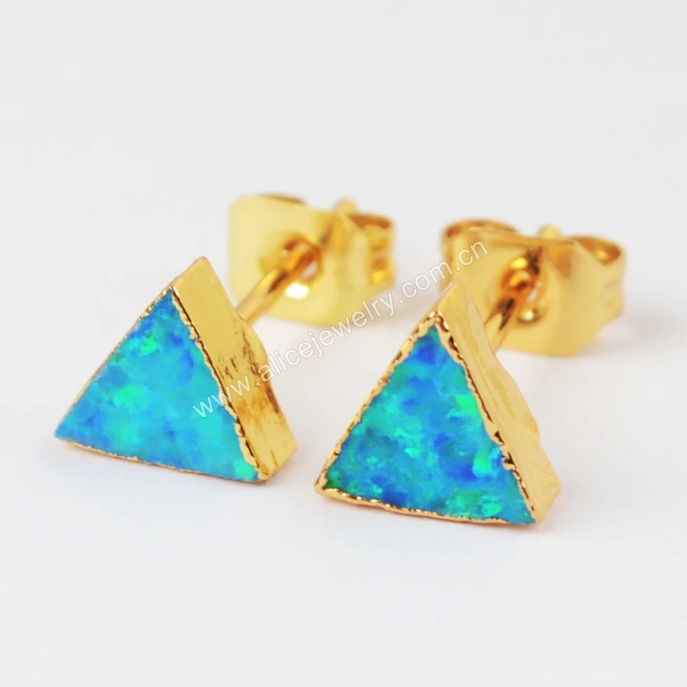18K gold triangle synthetic white blue fire opal stud earings jewelry women wholesale