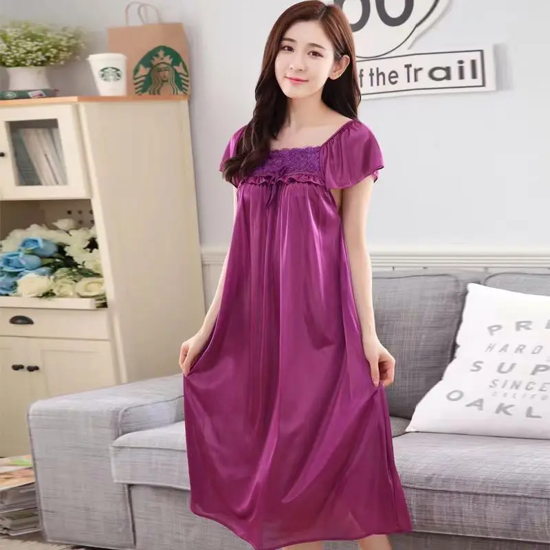 Summer sexy home clothes ice silk suspender nightdress Lady lace loose silk skirt bath skirt short sleeve pajamas