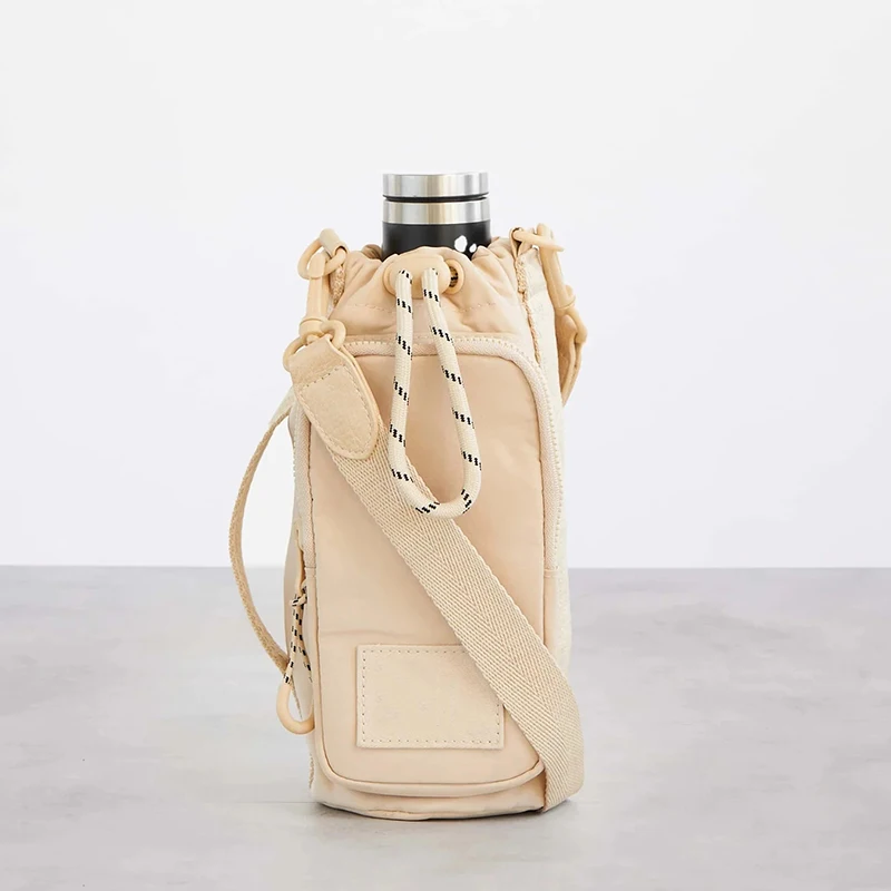 Drawstring Custom Adjustable Nylon Crossbody Handbag Water Bottle Carrier Sling Bag With Shoulder Strap