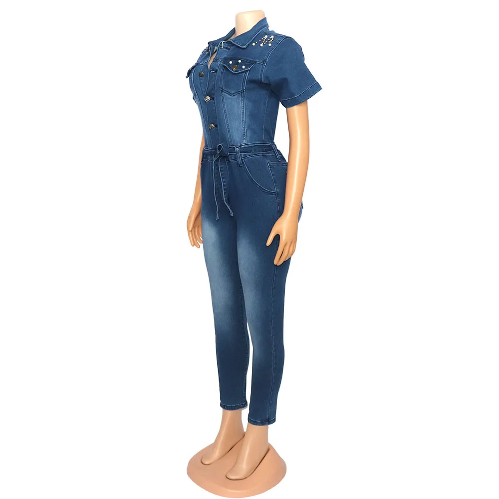 2022 Latest Design Turn-down Collar Solid Color Button Bodycon Jeans Women Trendy Style Sexy Beaded Women Denim Jumpsuit
