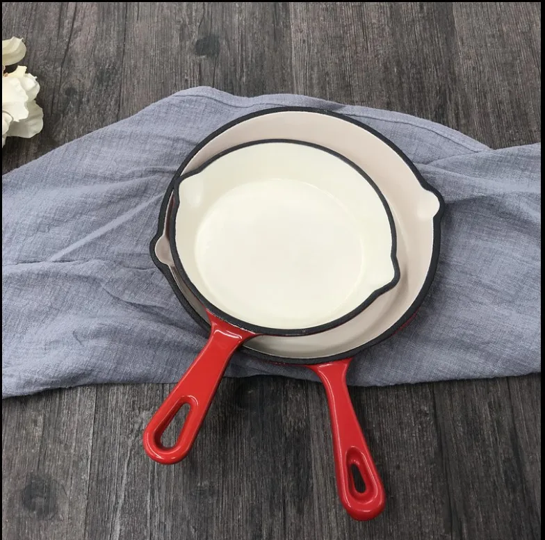 Cast iron enamel frying pan ceramic skillet cookware set flat steak pan baking Dish with Short handle and 2 outlet nozzle
