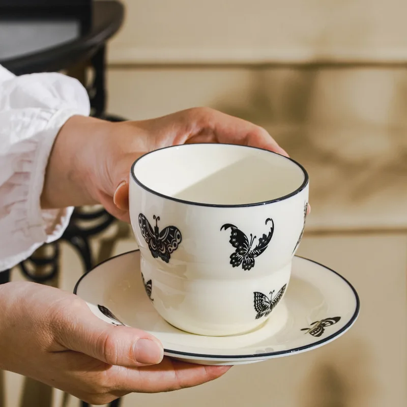 2024 new French butterfly ceramic mug and saucer set vintage gourd home office breakfast milk cup