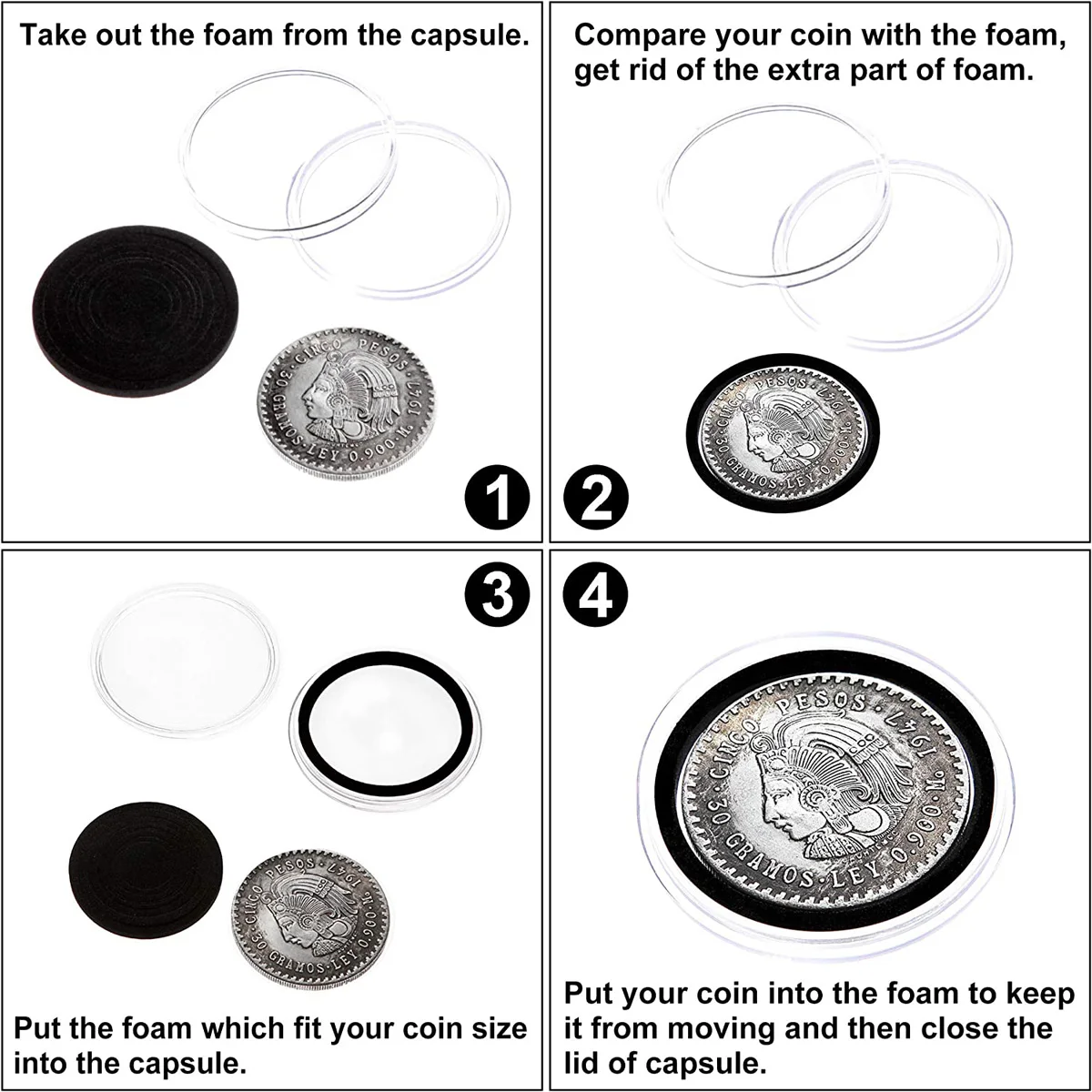 Acrylic Coin Holder 17/20/25/27/30/35/40/46mm Diameter Black Gaskets Coin Capsule Ultra Clear Rigid Plastic Coin Display Case