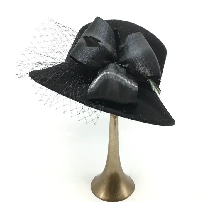 Newest Design Ladies Trendy Flat Brim Wedding 100% Wool Felt Church Hat With Flower Bow Women Girl Woolen Cloche Sun Hats