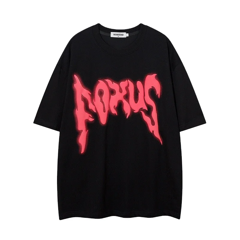 Foam letter printing short-sleeved T-shirt men and women high street national  brand loose couple pure cotton body