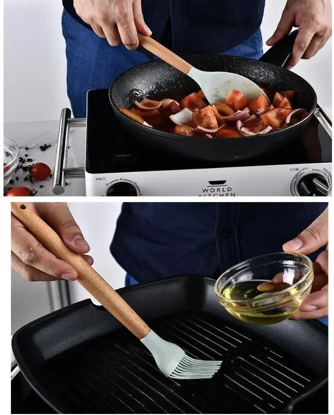Wooden handle silicone kitchenware 12-piece set with bucket Kitchen cooking spatula Silicone spatula soup colander rice spoon