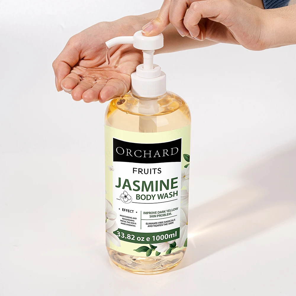 Free Sample Private Label 1L Shower Gel Improve Dark Yellow Skin Moisturizing Hydrating Tightening Scented Jasmine Body Wash Gel