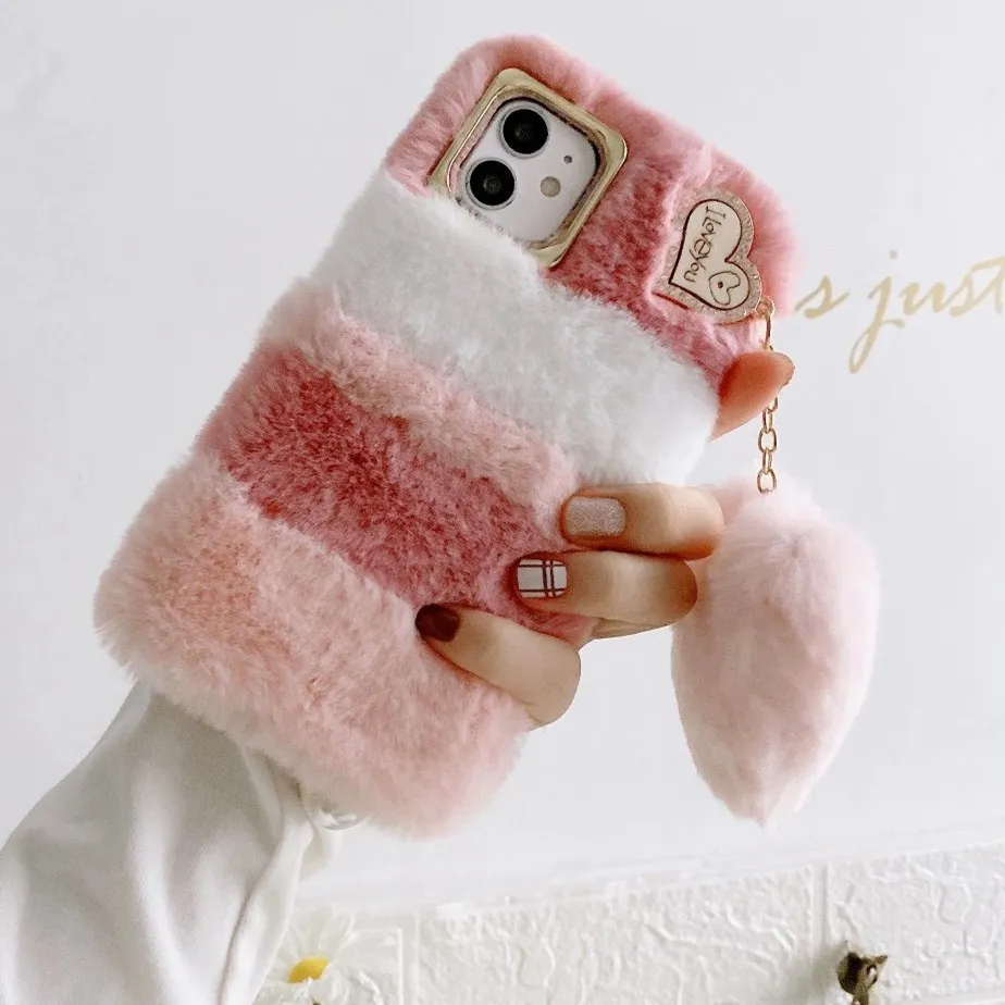 Applicable plush apple 14pro phone case iphone7/8 plus spell color xsmax love fur ball 13xr