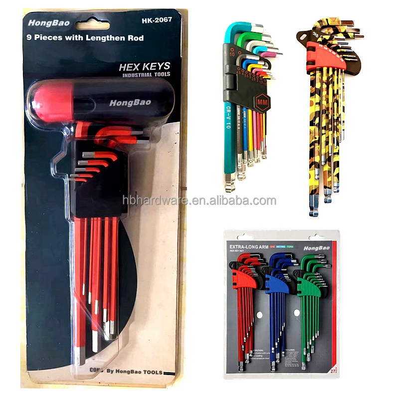 9pcs Adding Length Torque Strength Helping Rod Bar Hand Tools Hex Key Allen Wrench Set SAE Metric Long Arm Ball End Hex Key Set