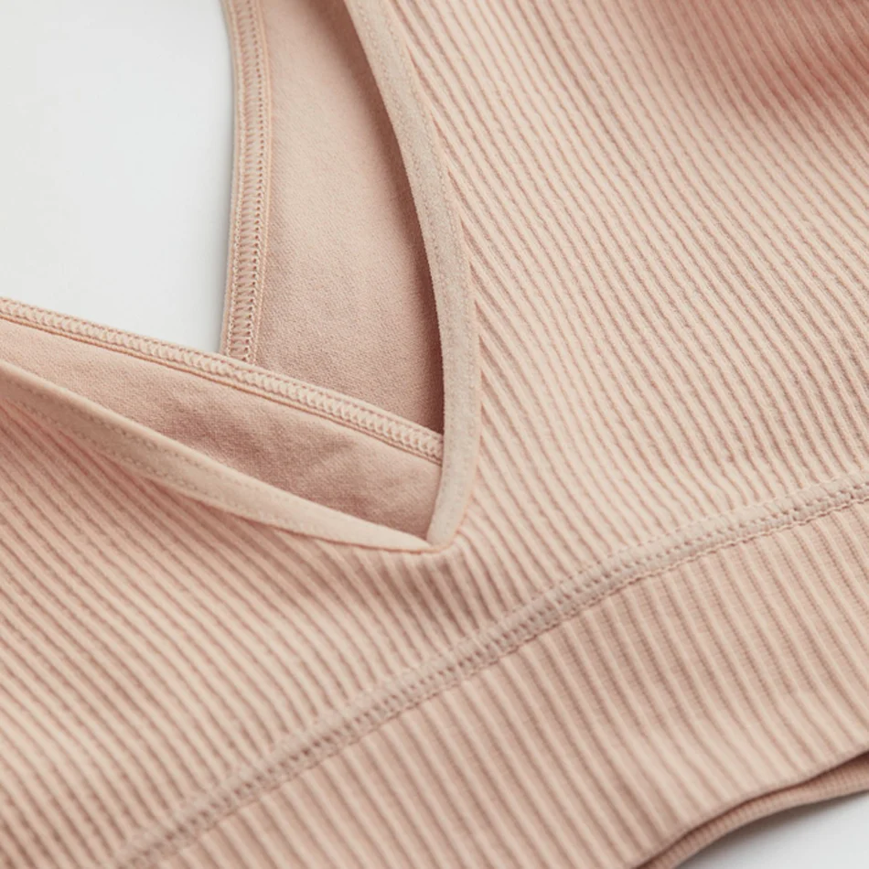 Fashion recycled nylon seamless RIB knit comfy soft easy nursing breastfeeding sleep bra wide straps lined cups no fasteners