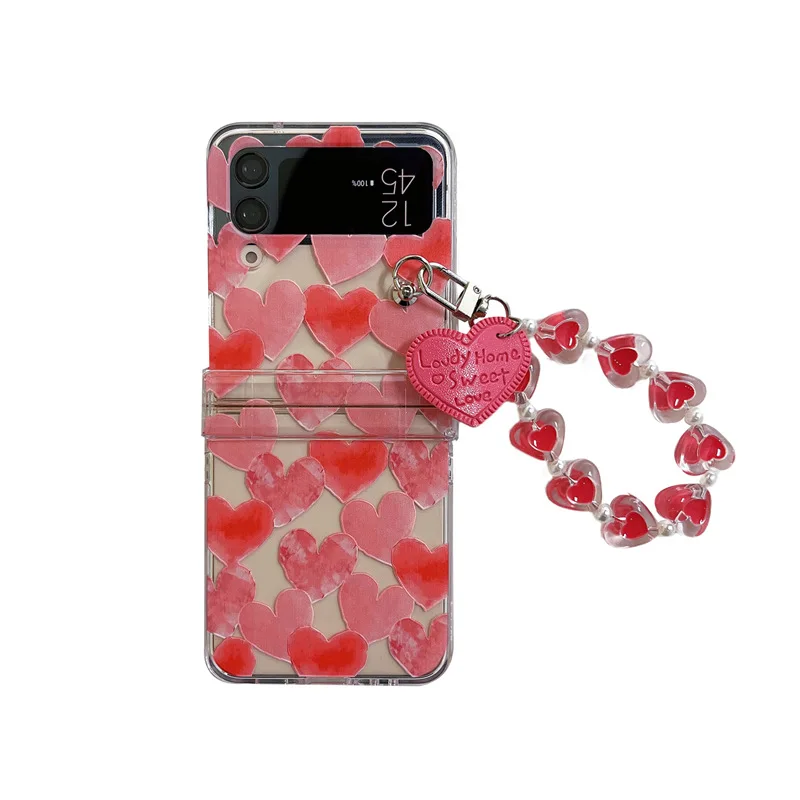 Love Flower  for Samsung Galaxy ZFlip3/4 Folding Screen Phone Case Transparent Creative P C Hard Case Chain