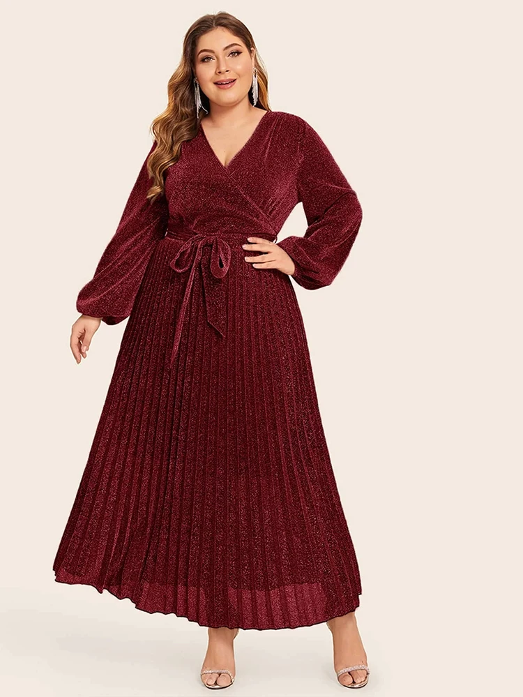 Yindian OEM Fashion party evening dress Ladies long bishop sleeves Shiny Pleated With Belt plus size Dress