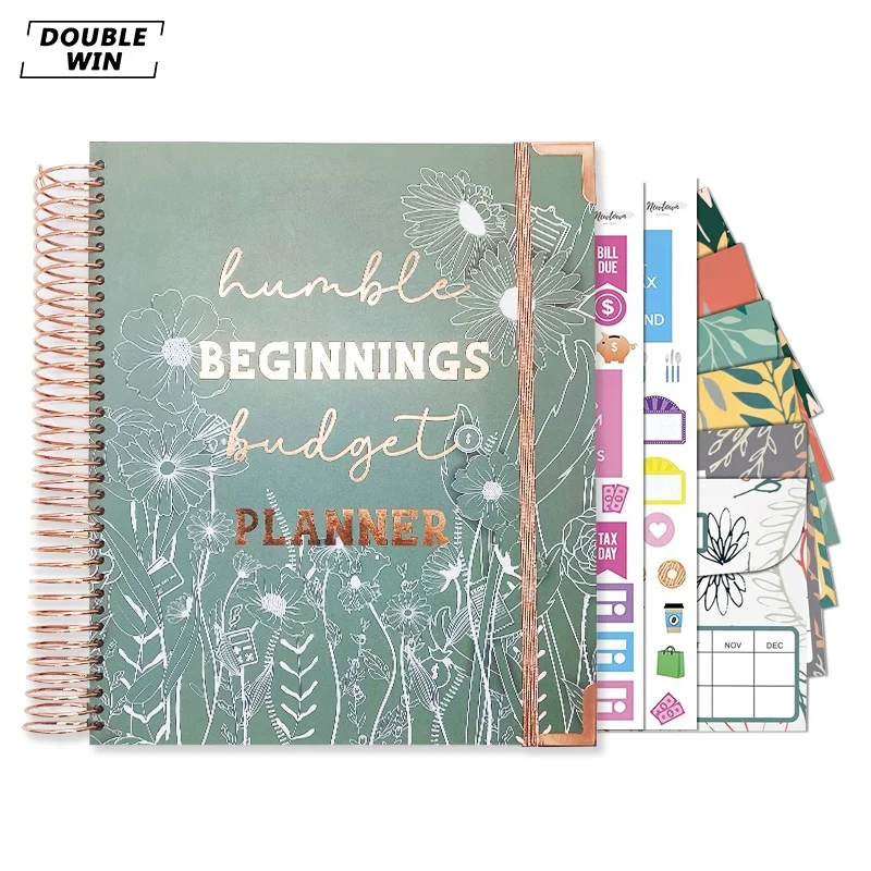 2024 Custom Design Gold Foil Single Coil Spiral Financially Journal Budget Planner with Money Cash Envelope