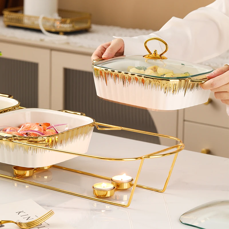 Wholesale 2024 new High Quality Ceramic Chafing Dish Casseroles Hot Pot Food Warmer Sets Of 3 Porcelain