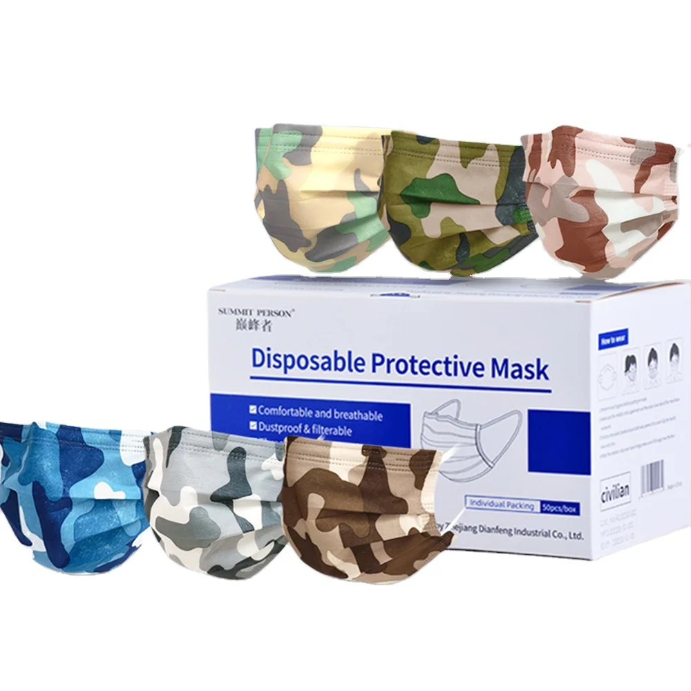 Прямая продажа с фабрики Маска Камуфляж Masker 3ply маски для лица, способный преодолевать Броды для взрослых детей 50 шт./кор.