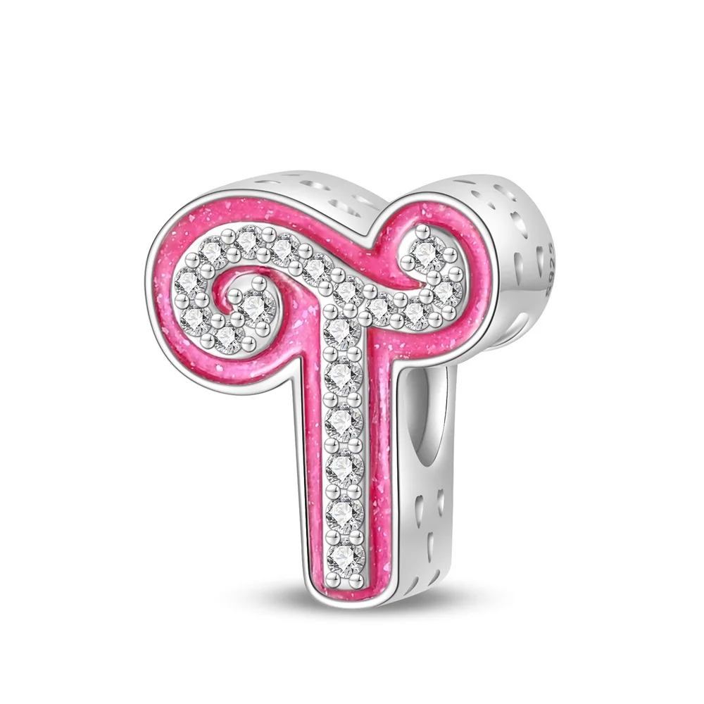 New fashion S925 Sterling Silver charm beads A-Z 26 letter pink zircon Beads Original DIY charm Bracelet for women gifts Jewelry