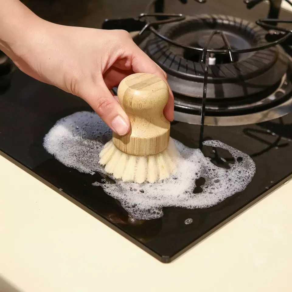eco friendly kitchen bamboo cleaning brush wood plant short handle round dish pot scrubber