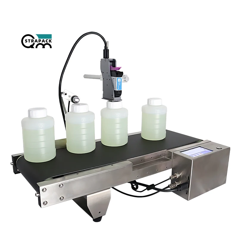 QMSTRAPACK Smart touch screen multi language date coding machine qr code barcode logo  fast dry ink inkjet printer with conveyor