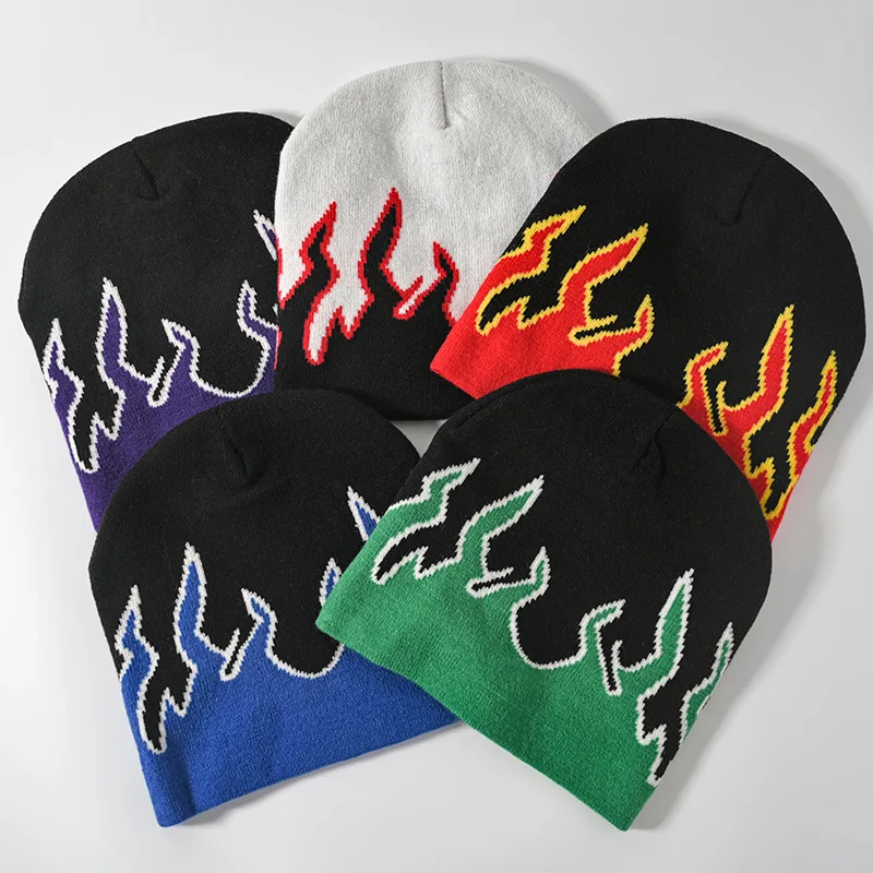 Custom Men Women Knitted Winter Hat Fire Flame Beanie Big Logo Printed Jacquard Skully Beanies Hats