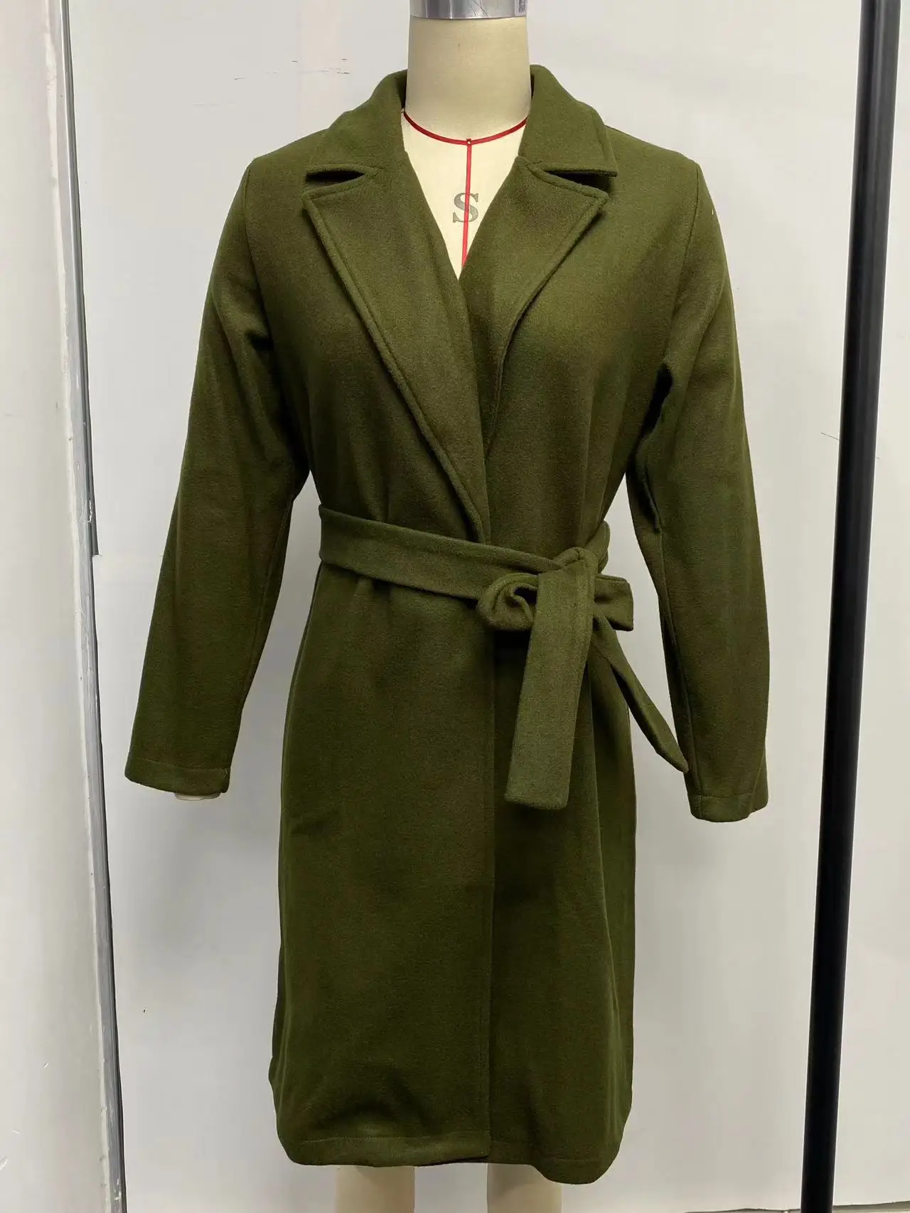 2024 Autumn and Winter Fashion Simple Temperament Long Sleeve V-neck Bandage Wool Coat Women Coat Outwear