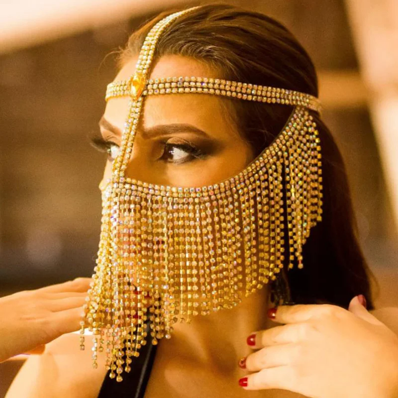 Masquerade Belly Dance Crystal Tassel Face Masking Hair Accessories Headdress Halloween Party Rhinestone Piece For Girls