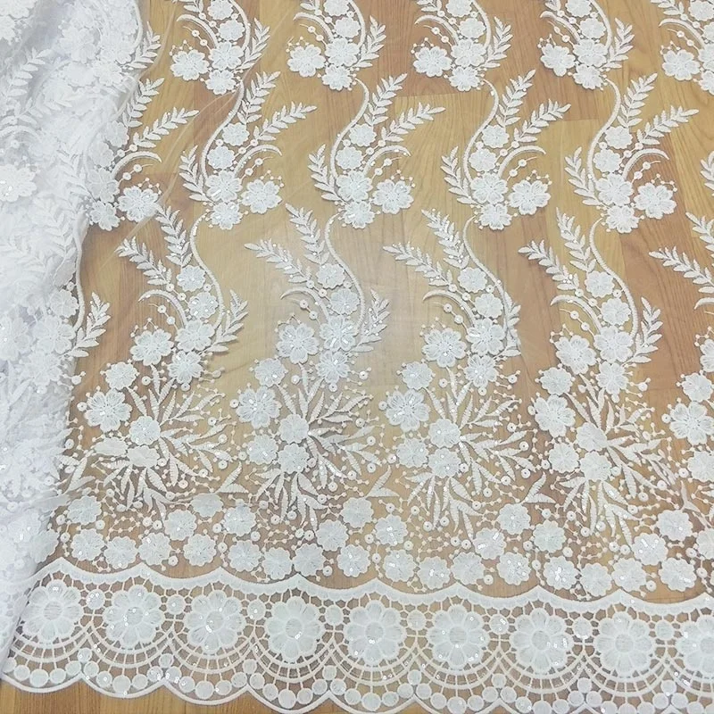 white bridal dress embroidery sequin french net lace fabric with beads african tulle lace fabric for wedding in stock