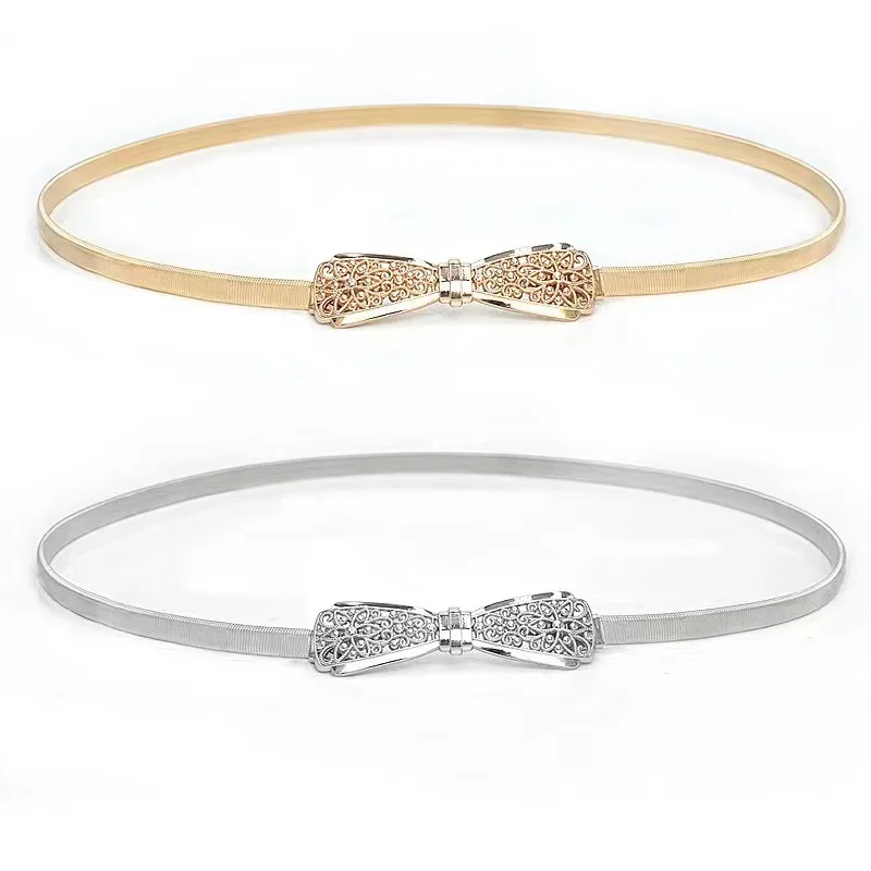 Высококачественный женский золотистый узкий металлический пояс, пояс с бантом и пряжкой с золотистыми цветами, эластичный металлический пояс с цепочкой для платья