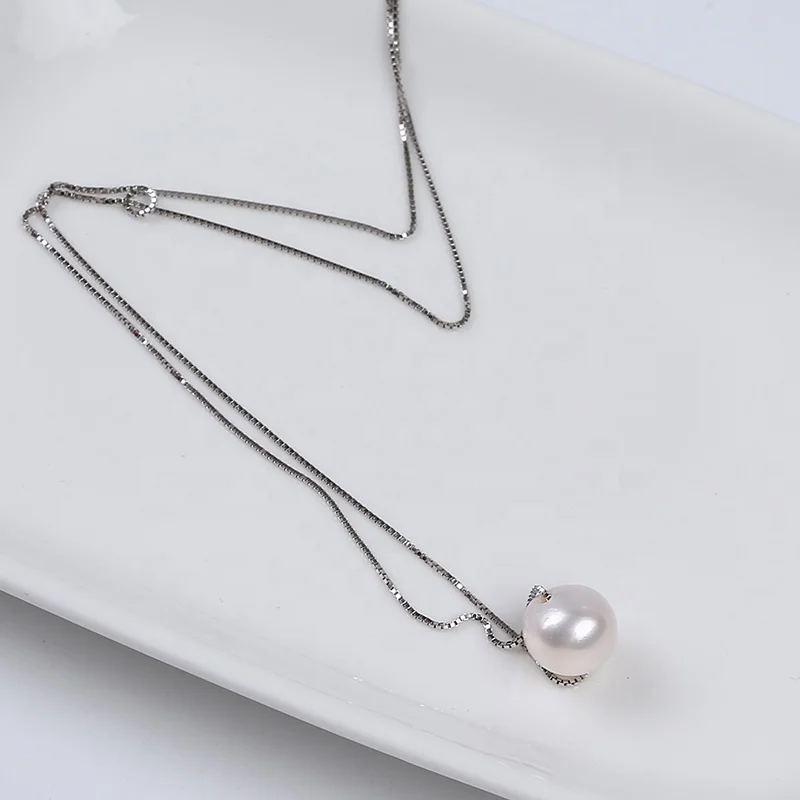 8-9mm natural freshwater round pearl pendant silver chain necklace for women gift
