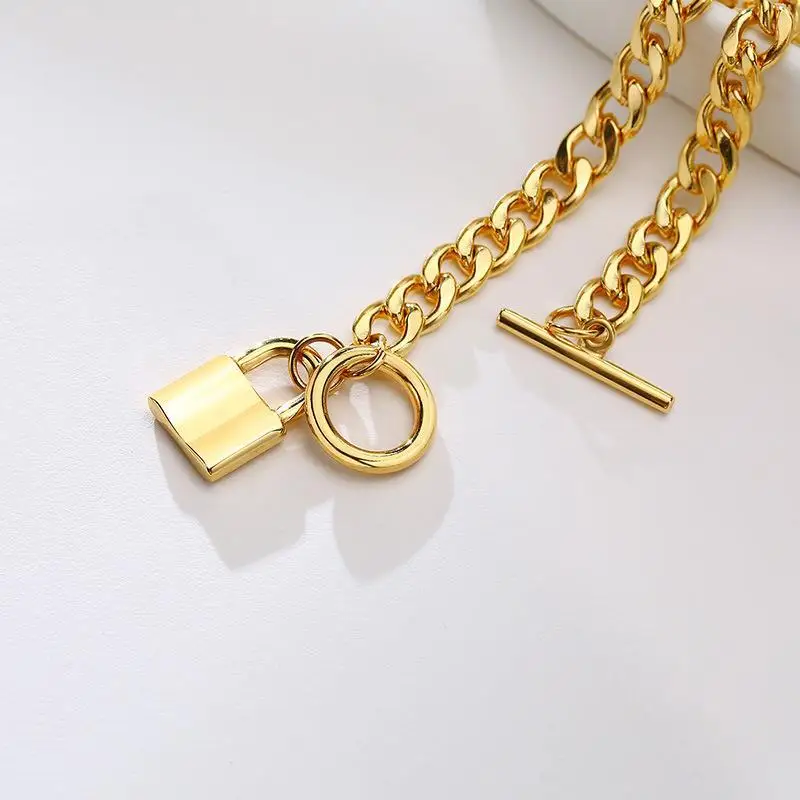 New Design 7mm 18K Gold Stainless Steel Cuban Link Chain Lock Pendant Bracelet For Men Women Unisex