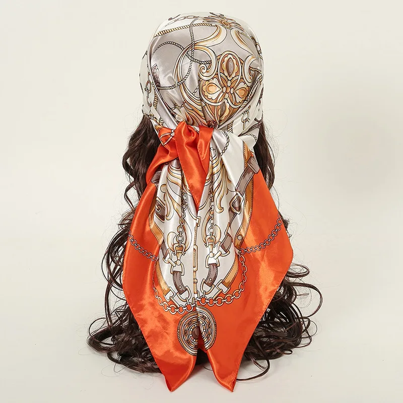 HZW-23058 Newest Satin Chiffon Scarf Women Luxury Designs Printed Square Hijabs Shawls Female Scarves