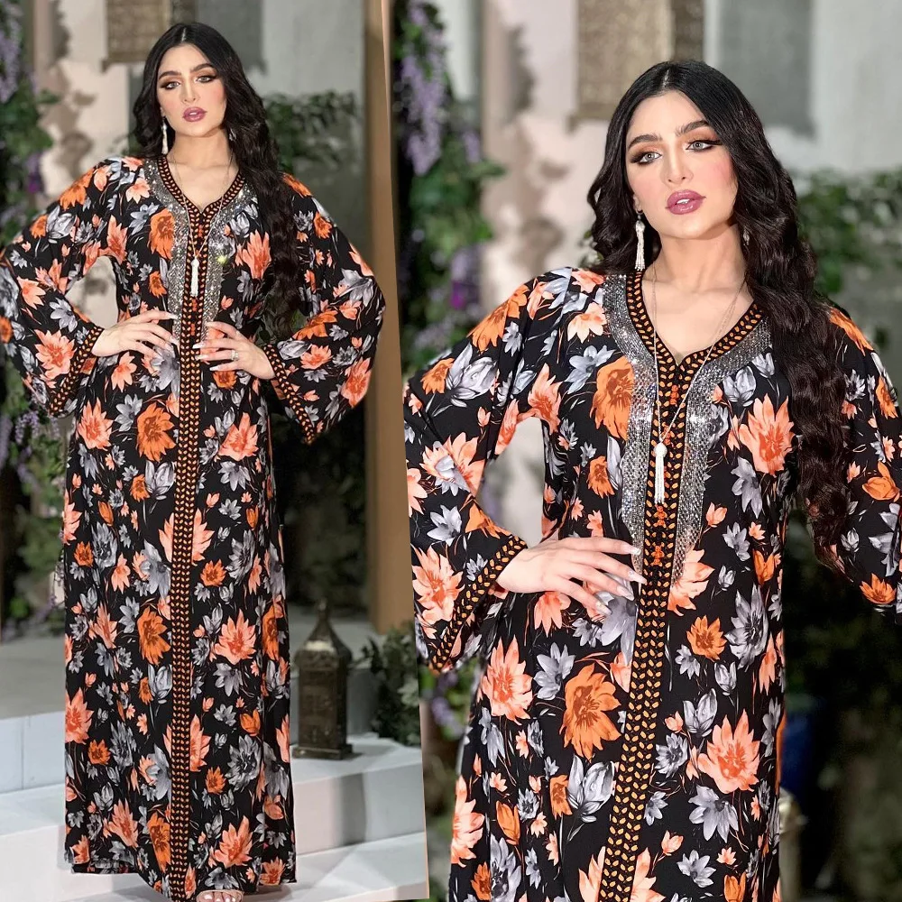 Y AB207 Costume Arabic Dubai robe printed rhinestones vintage ethnic style female