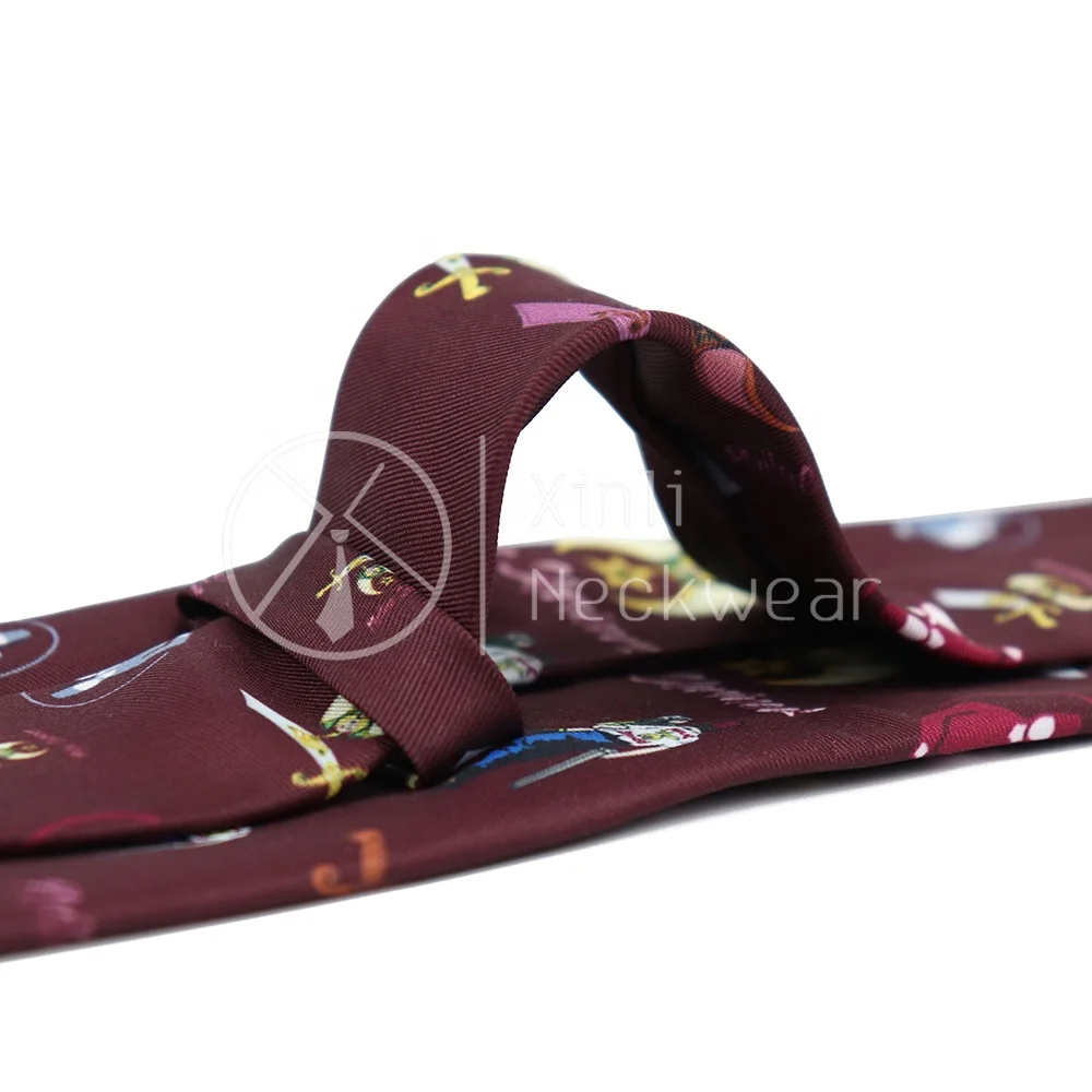 Chinese Wholesale Burgundy Red Mens Neckties Cartoon Masonic Shriner Logo Pattern Polyester Custom Printed Neck Tie