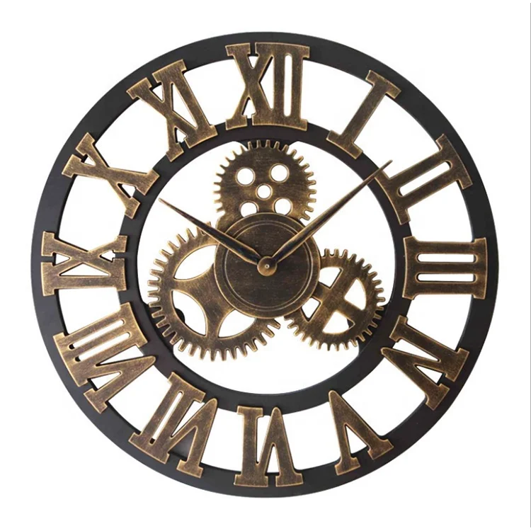 Roman-Anti-Bronze 3D Retro clocks Rustic Vintage Wooden 16 18 20 23 Inch Noiseless Gear Quartz Wall Clock for hotel Restaurant