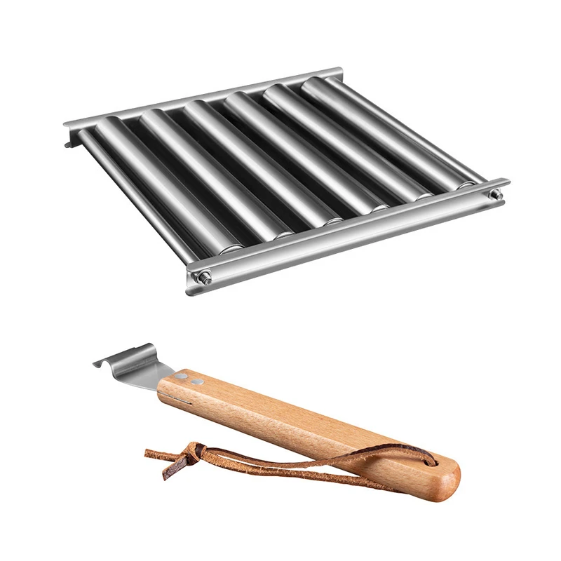 Small Hot Dog Roller for Grill Wieners Stainless Steel Sausage Roller with Long Wood Handle for Outdoor BBQ