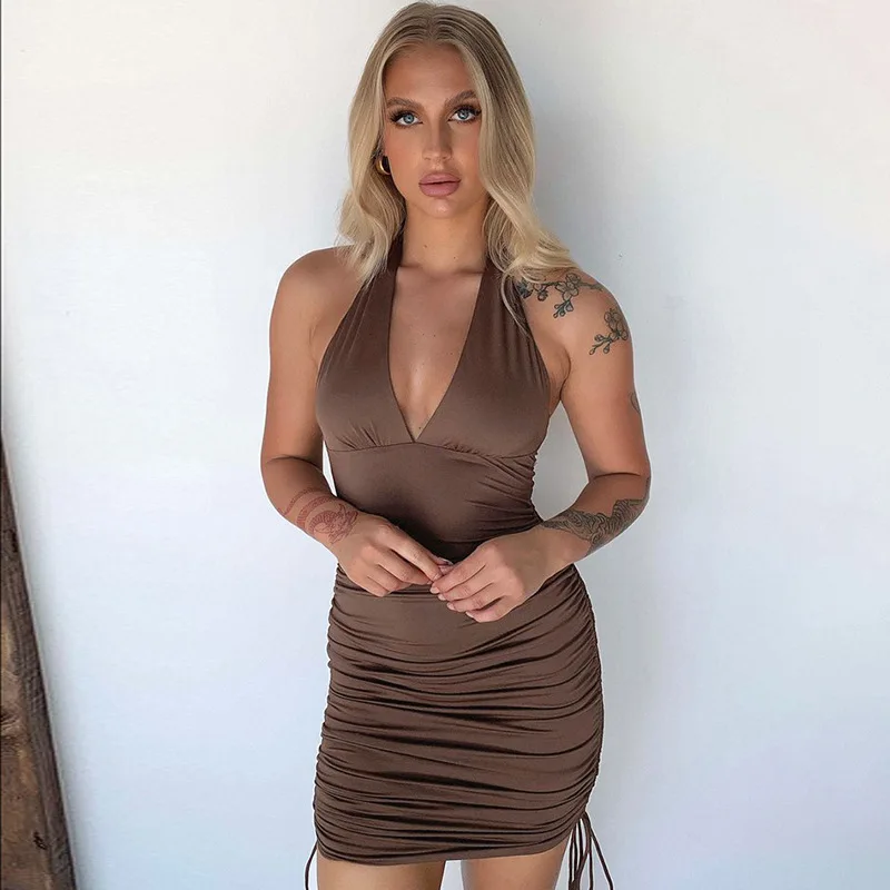 
Sleeveless V Neck Bandage Halter Shirring Dress Y2K Clothing Classy Chocolate Brown Dress Vintage Party Dresses Women 
