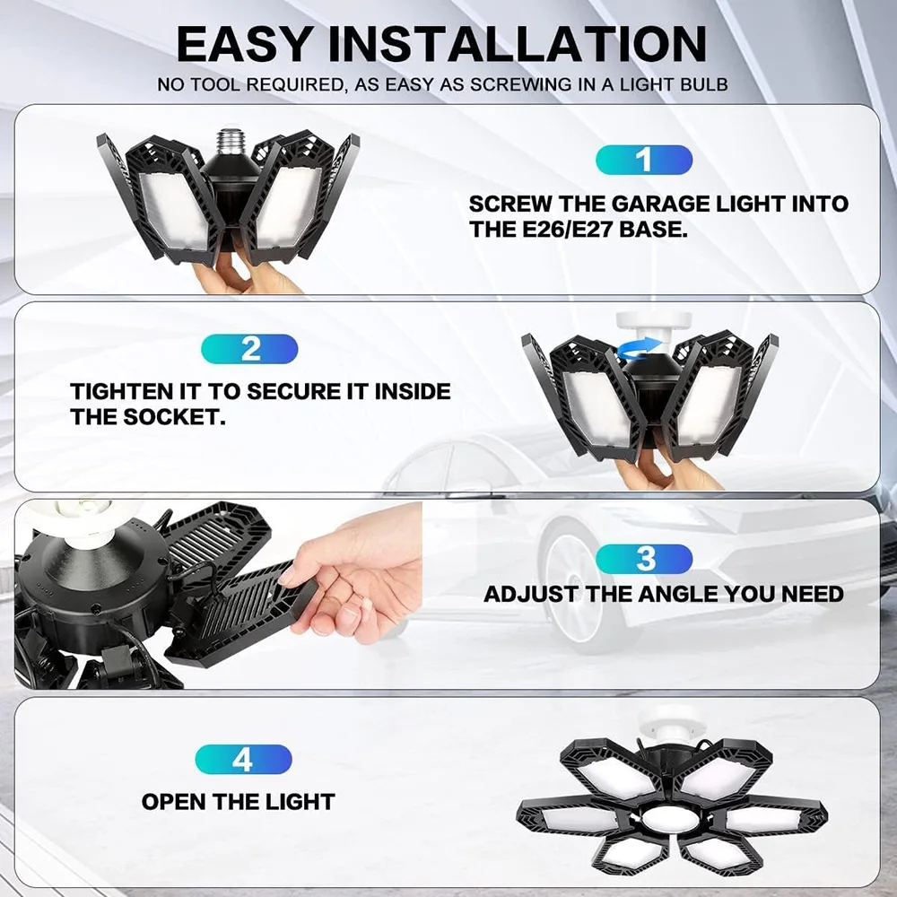 Deformable Best Garage Light, E26/E27 LED Light Garage Lighting with 6+1 Adjustable Panels Garage Bulb for Basement, Attic