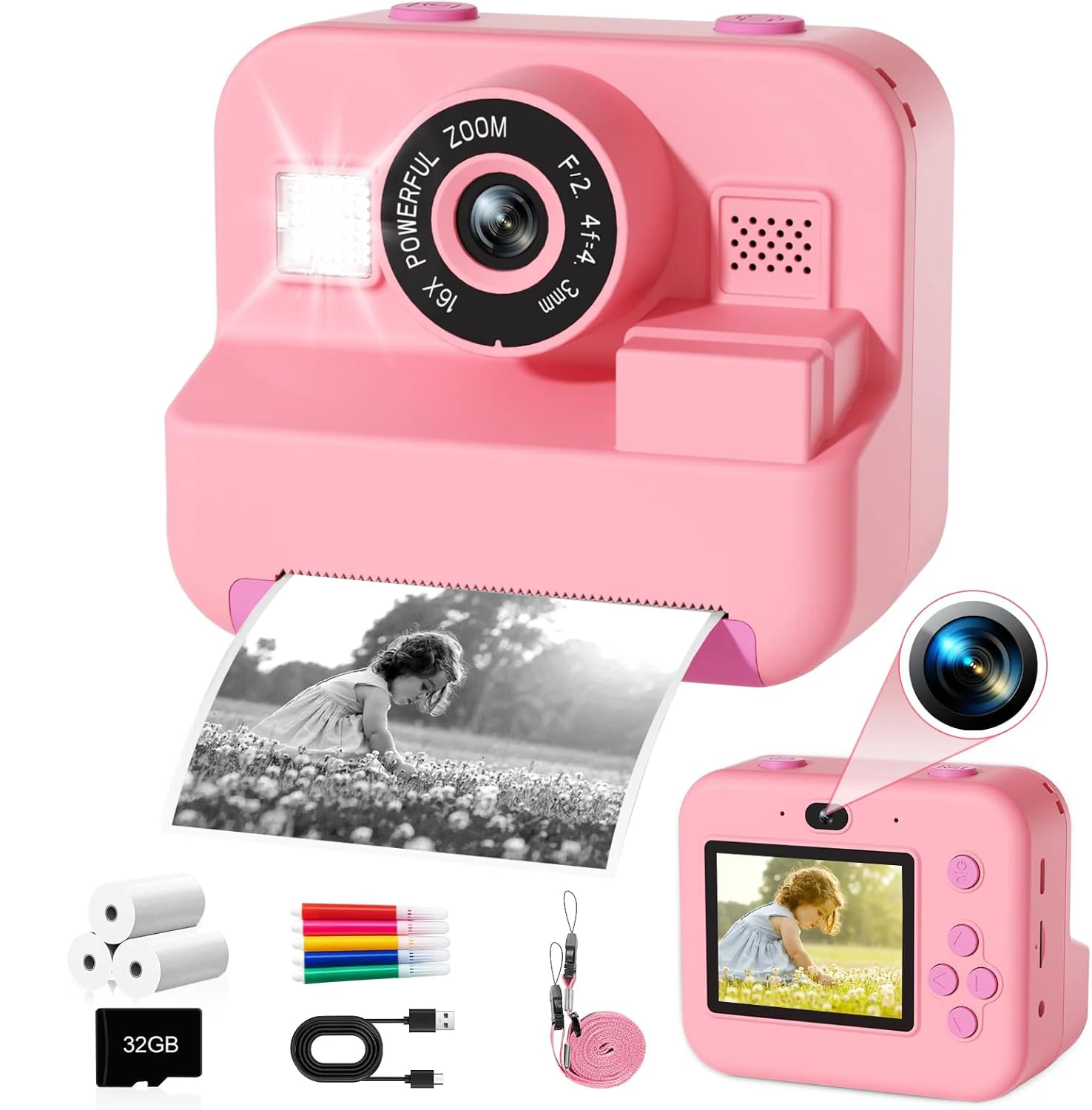 D5 Selfie Digital Video Camera for Toddler Instant Print Camera for Kids Christmas Birthday Gifts with 32G Memory Card