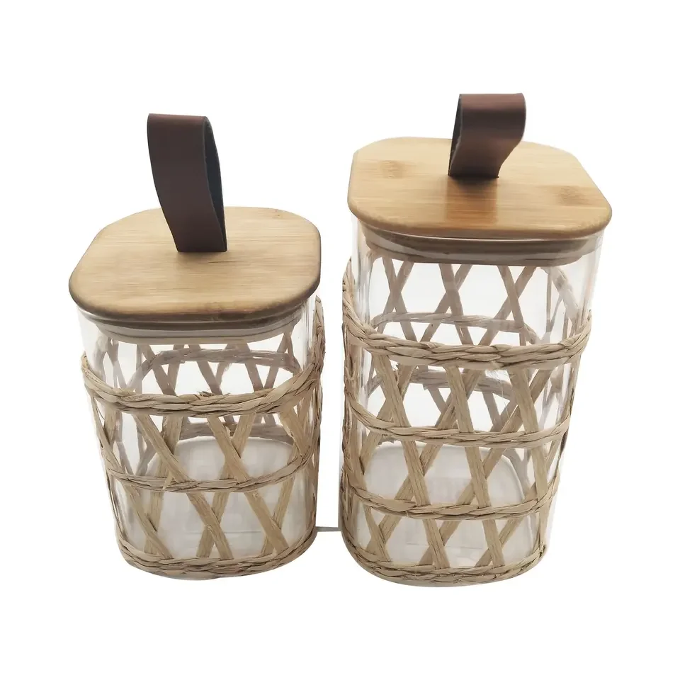 Square Transparent Airtight Borosilicate Glass Food Storage Jar with Acacia Wood Hand Lid for Candy Tea Coffee Bean